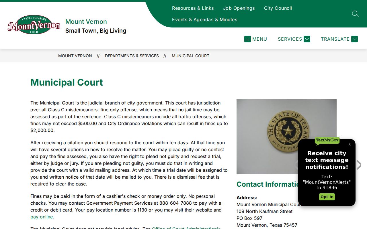 Mount Vernon criminal records Municipal Court instructions